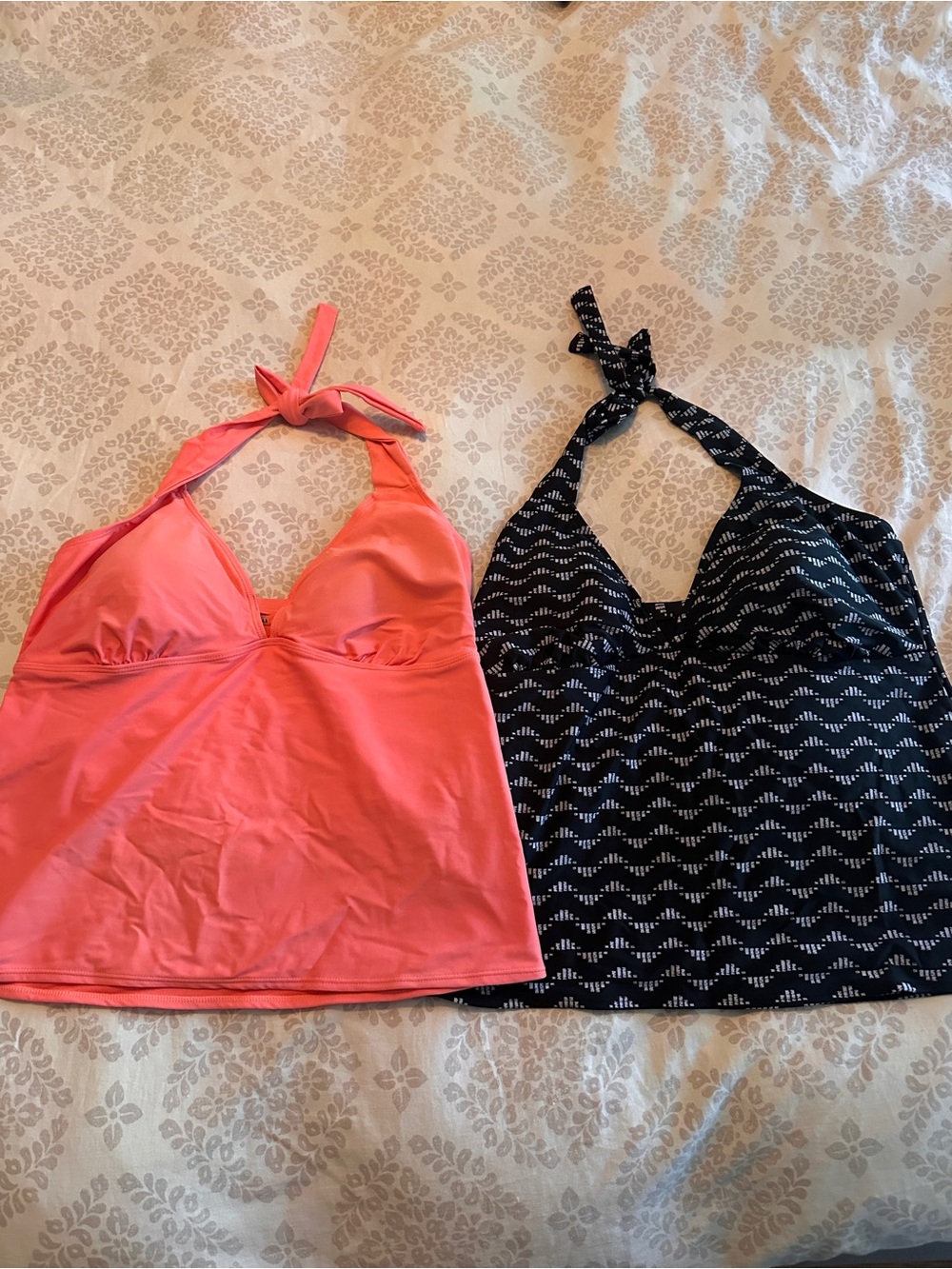 Old Navy Coral Halter Tankini Top and Black Patterned Halter Tankini Top